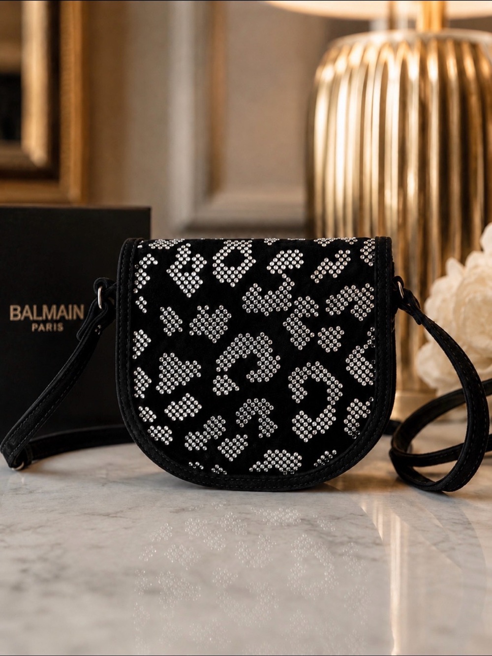 Balmain Leo Mini Black Studded Crossbody Saddle Bag